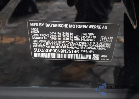 2022 BMW X3 xDrive30I z USA, uszkodzony, nr VIN 5UX53DP00N9N35146